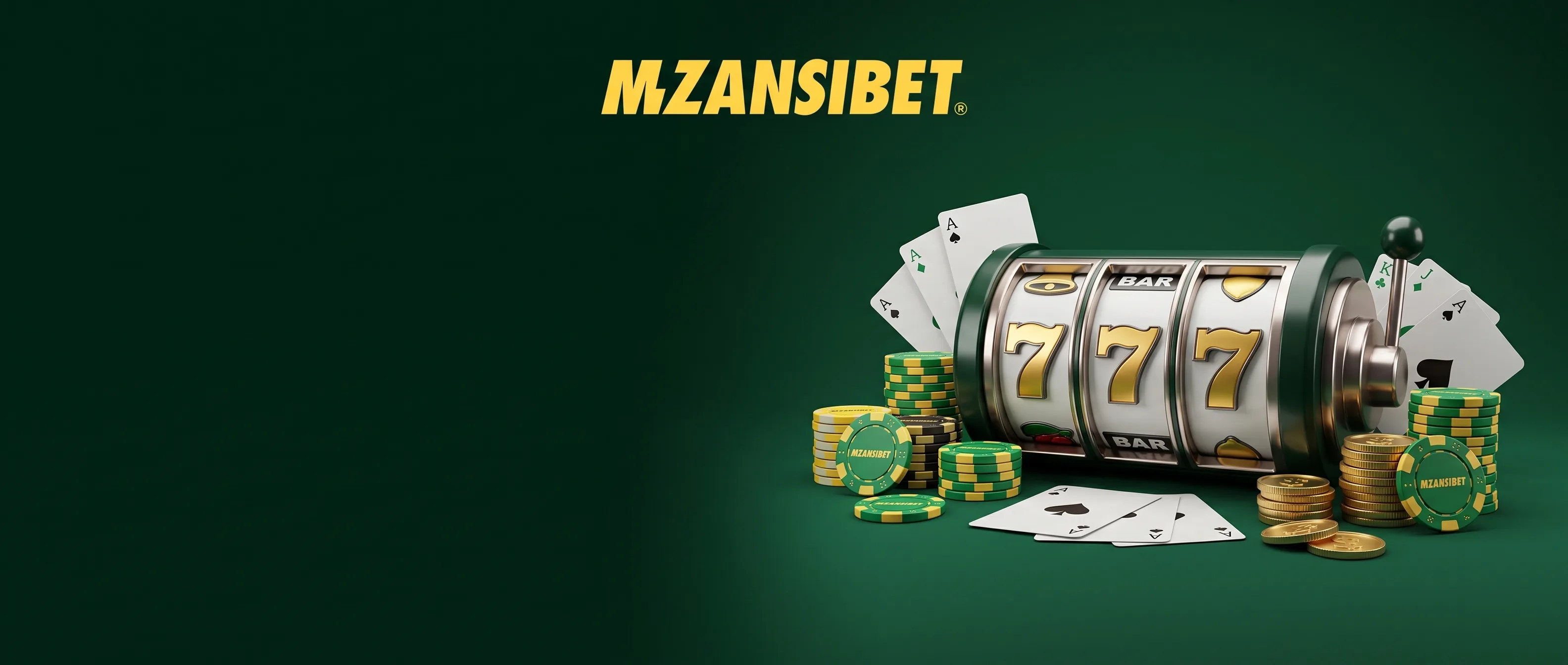 Mzansibet slot machine, playing cards and green and gold casino chips
